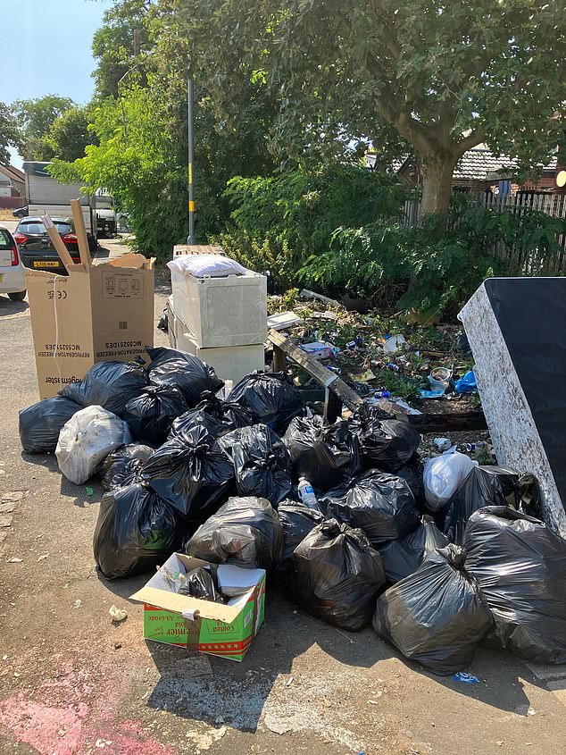 Bags, boxes, bed frames and broken furniture is dumped on the pavement