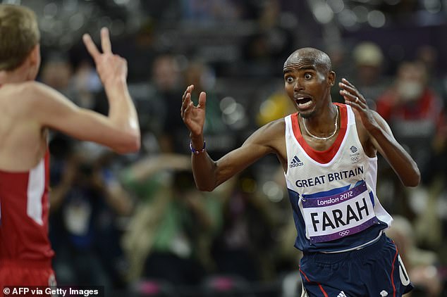 Farah celebrates after winning the men's 10,000m final the London 2012 Olympics