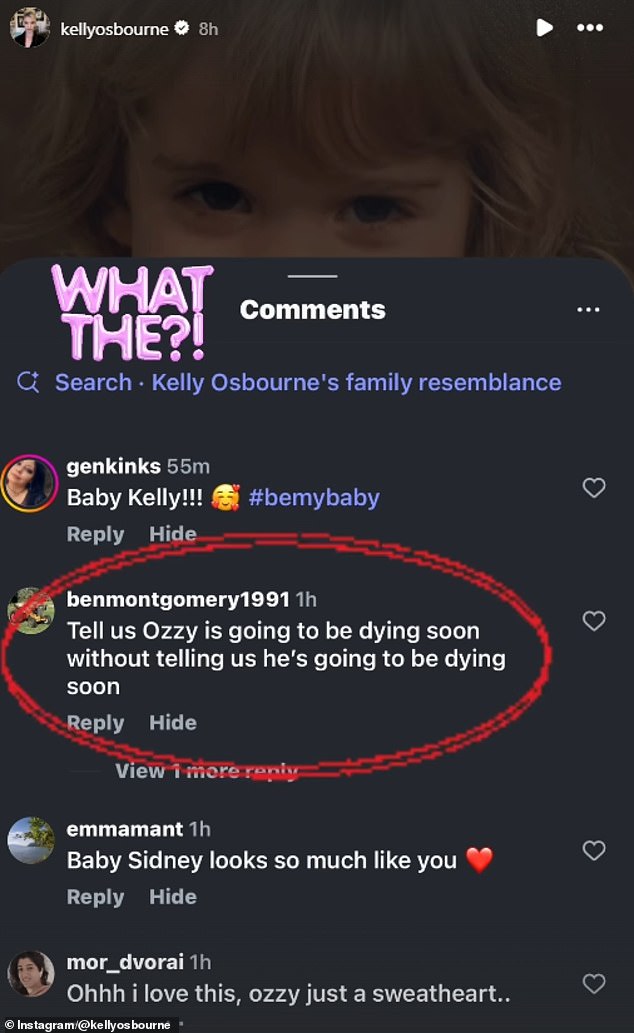 Kelly additionally included a screenshot to give an example of comments filtering on social media platforms such as: 'Tell us Ozzy is going to be dying soon without telling us he's going to be dying soon'