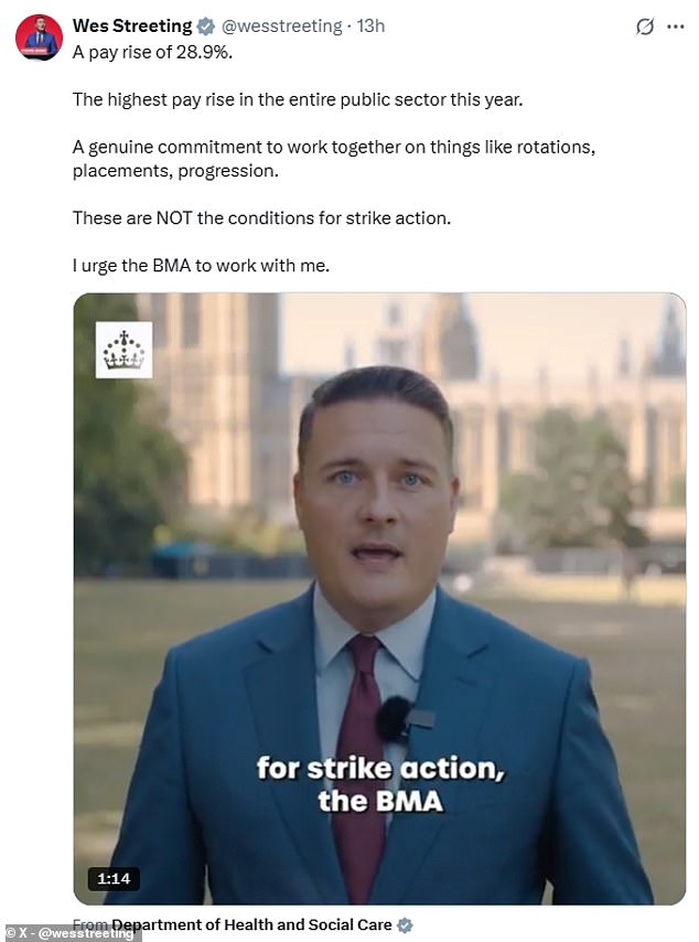 Yesterday, Health Secretary Wes Streeting warned resident doctors the public will 'not forgive them'