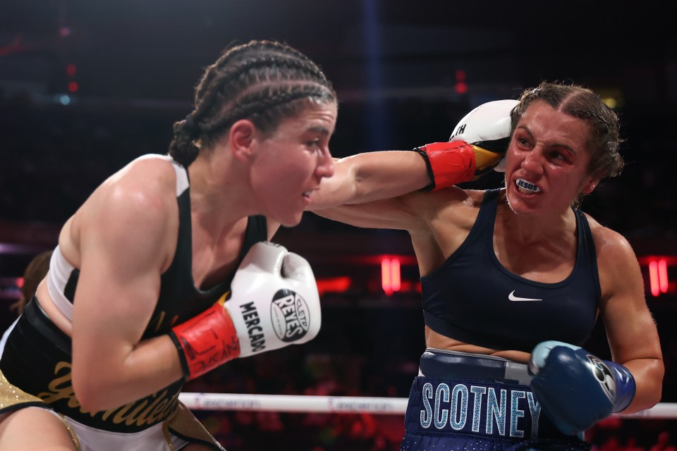 NEW YORK, NEW YORK - JULY 11: (R-L) Ellie Scotney fights Yamileth Mercado in their IBF, WBC, WBO, and Ring super bantamweight title bout during Netflix's Katie Taylor vs Amanda Serrano 3 at Madison Square Garden on July 11, 2025 in New York City. (Photo by Al Bello/Getty Images for Netflix)