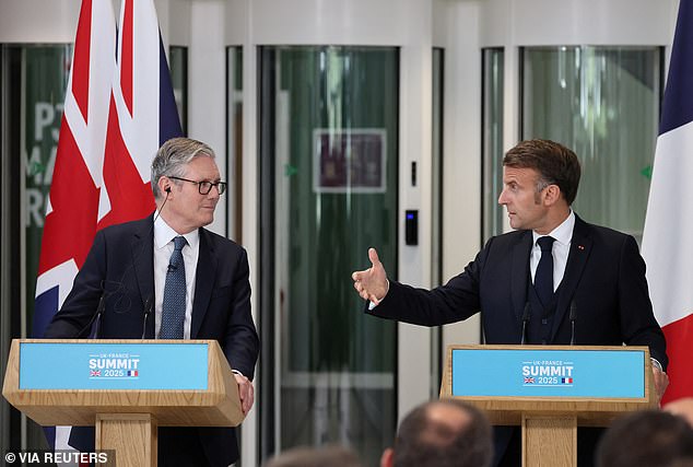 Mr Macron (pictured with Starmer) hailed the plan as 'collaborative, co-operative and comprehensive'