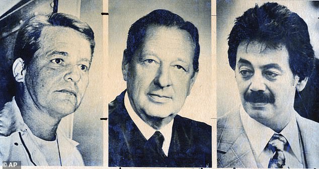 Judge Wood, center, was ambushed and killed outside his front door in San Antonio, Texas in 1979. Government sources listed convicted hit man Charles, left, and convicted narcotics trafficker Jimmy Chagra, right as 'targets' in the investigation