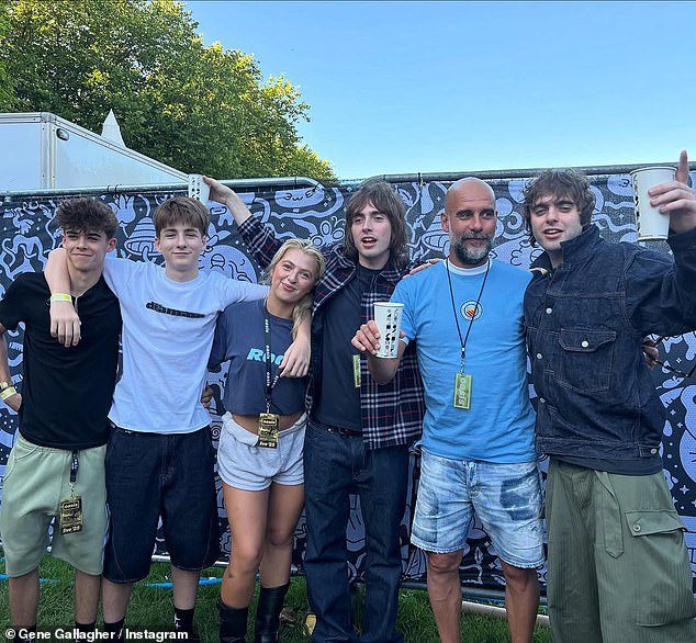 On Friday both Noel and Liam's children reunited for the 'pic of the century' ahead of their fathers' first Manchester show, as they proved they are closer than ever (L-R Donavan, Sonny, Anais, Gene, Manchester City manager Pep Guardiola and Lennon)