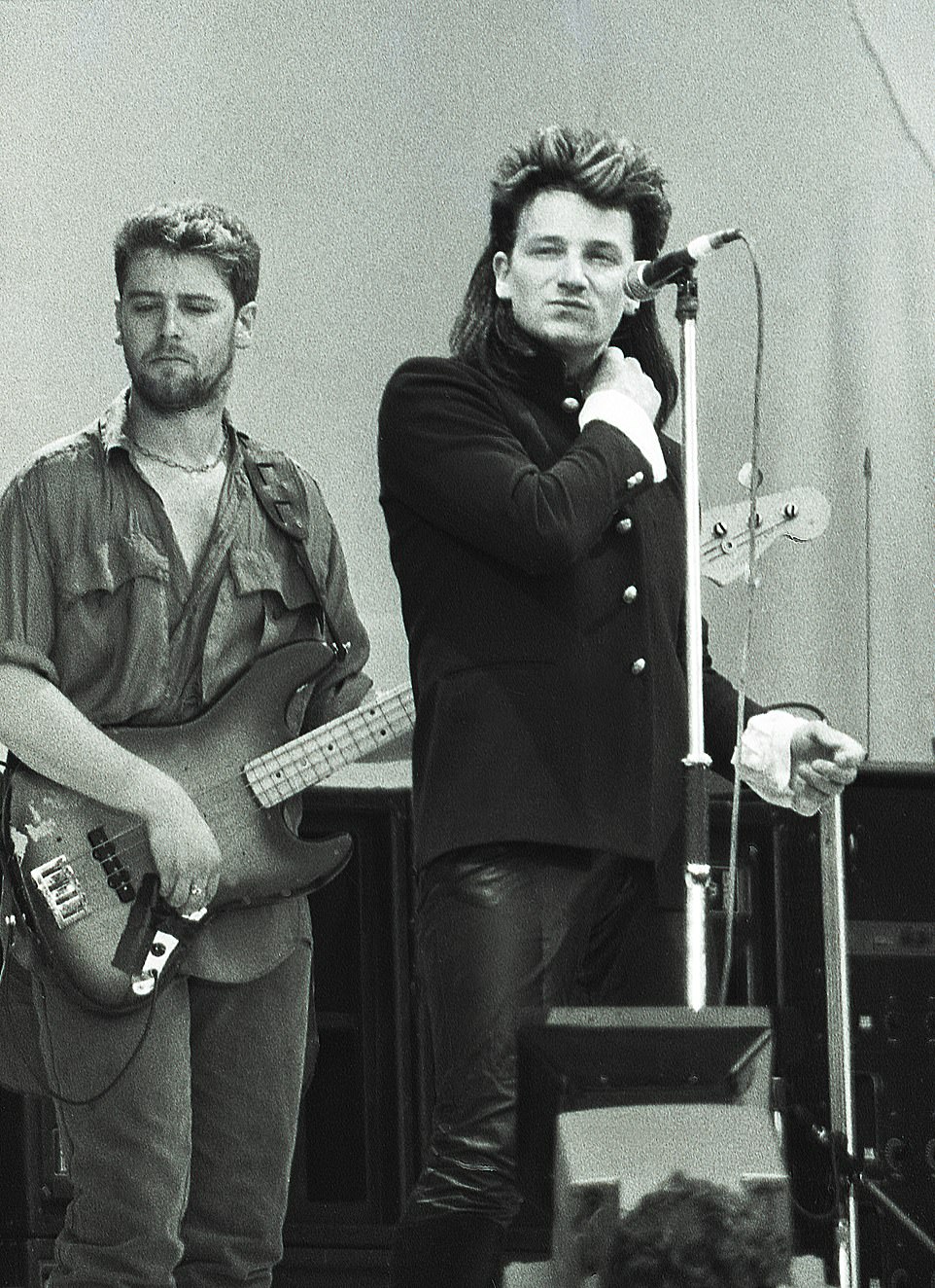 U2 delivered an electric 20-minute set between Bryan Adams and the Beach Boys. The photo showed frontman Bono with guitarist Adam Clayton