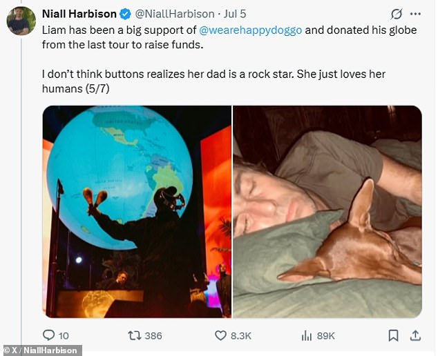 Revealing the musician's support for the charity he added: 'Liam has been a big support of @wearehappydoggo and donated his globe from the last tour to raise funds'