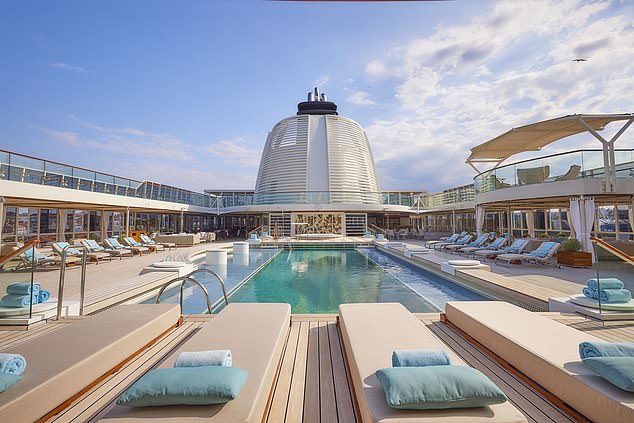 The deck of The World, with its loungers and swimming pool, where Mark does a few lengths at 7pm and realises that no one else is around - making it the world's most peaceful ship