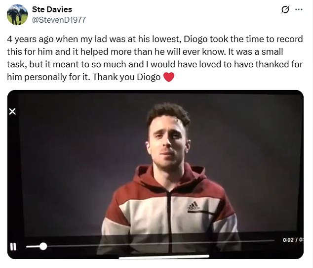 Steven Davies, a big Liverpool fan, shared a video Diogo Jota sent to his son, Liam