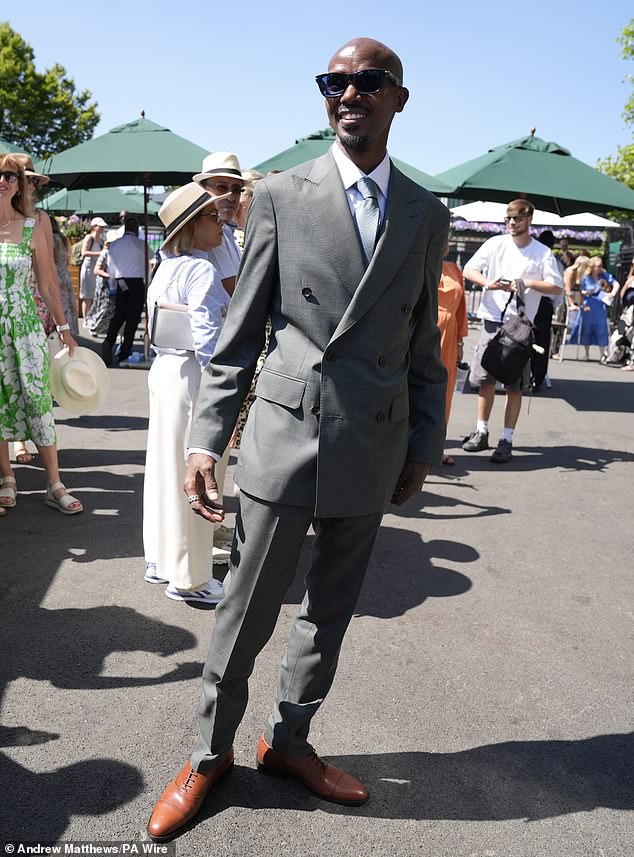 Meanwhile Sir Mo Farah opted for a grey suit, blue tie and terracotta shoes as he beamed in snaps