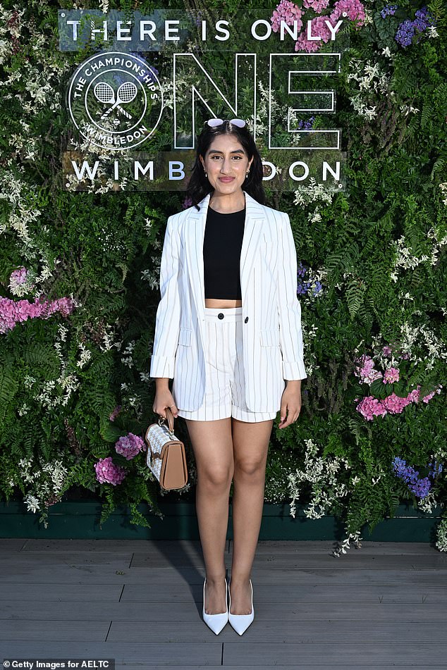 One Day star Ambika Mod put on a very leggy display in a pair of smart white striped shorts and matching summer blazer