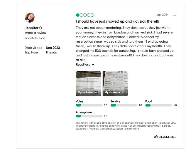 One upset customer called his meal 'depressingly bad' and slammed the dishes for lacking flavour while another urged potential customers to avoid after being charged £500 extra