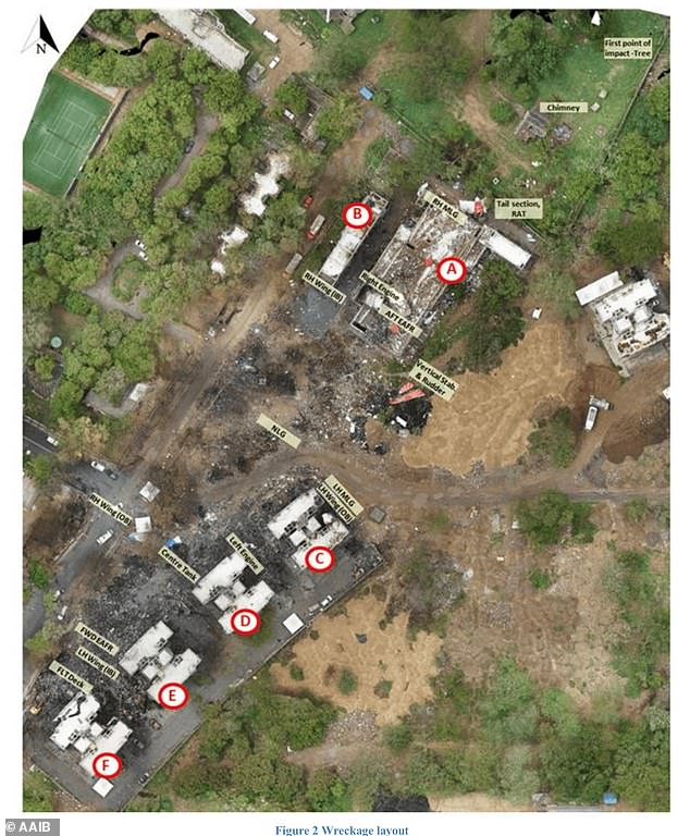 The Boeing 787 first crashed into a series of trees before hitting, BJ Medical College hostel after colliding with a series of trees (Pictured above: Damaged buildings listed A-F)