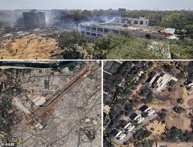 Top image shows the five buildings impacted by the Air India crash as well as the subsequent fire. The five buildings (bottom right) shown from an aerial view suffered significant structural and fire damage