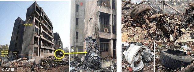 The left main landing gear (LH MNLG and left wing were collided with the middle of Building C (left), 345 feet south from the point of contact. Some of the left engine broke away hitting a corner on Building D (middle). The aircraft's nose was found 307 feet southwest from Building A