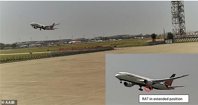 CCTV footage (pictured) from the airport shows the Ram Air Turbine (RAT) being deployed as the aircraft lifts off