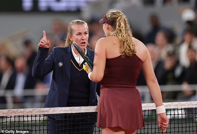 Chair umpire Miriam Bley issues a warning to Mirra Andreeva after she hit a ball in to the crowd during her Women's Singles Quarter Final match against Lois Boisson of France on Day Eleven of the 2025