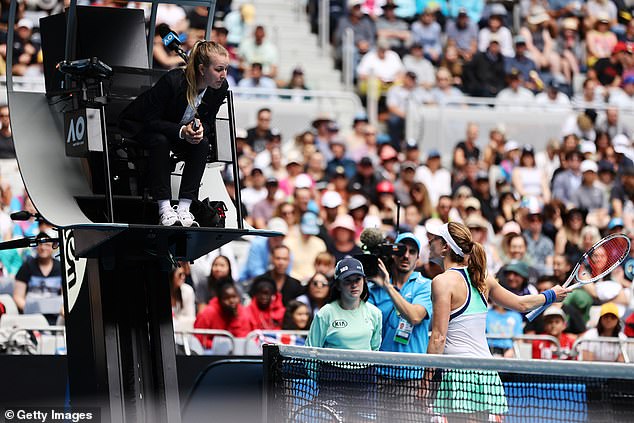 Alize Cornet of France argues with chair umpire Miriam Bley during her Women's Singles second round match against Donna Vekic of Croatia at the 2020 Australian Open