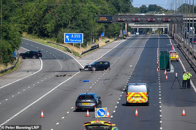 The man from High Wycombe, Buckinghamshire, sadly died from his injuries after the crash on the M40 near junction two at Beaconsfield at around 1.15am today. Pictured: The crash site