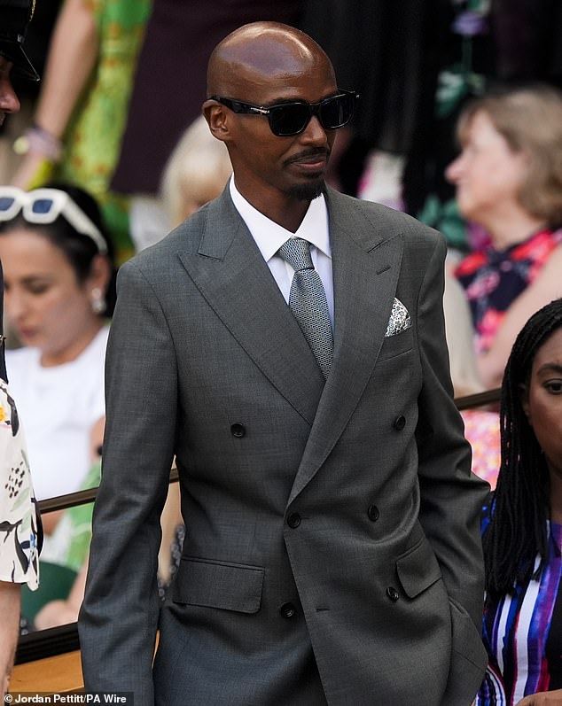 Long-distance running champion Mo Farah, 42, looked dapper in a grey suit at Wimbledon today
