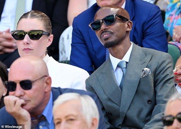 Barbie director Greta Gerwig sat next sports star Mo Farah at the All England Lawn Tennis and Croquet Club today