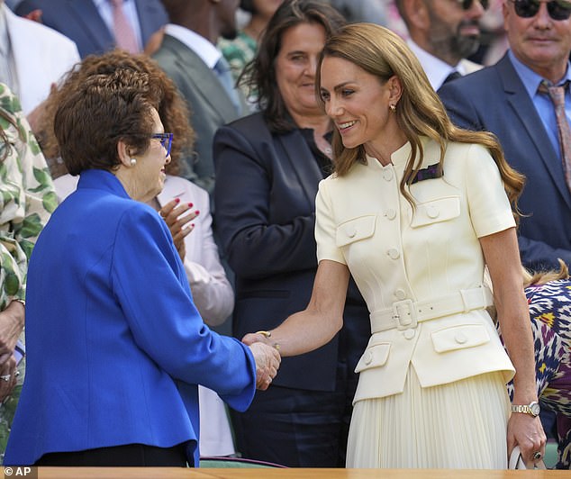 Tennis legend Billie Jean King greeted the Princess of Wales with a handshake on Saturday afternoon