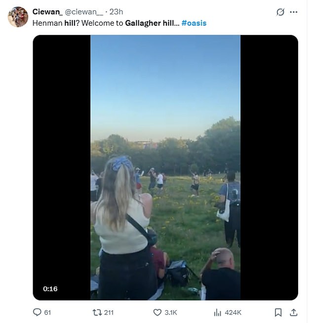 Taking to X, formerly known as Twitter, one fan said: 'Henman Hill? Welcome to Gallagher Hill #oasis'
