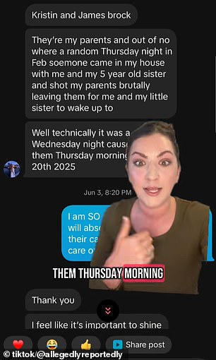 The TikTokker shared screenshots of their exchange which showed Patrick had sent her a private message on the platform on June 3, telling her to 'search up Brock case'