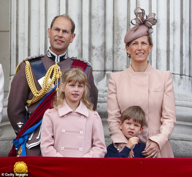 Prince Edward, Sophie, Lady Louise Windsor and James, Viscount Severn, stand on the balcony of Buckingham Palace during the annual Trooping the Colour Ceremony on June 15, 2013