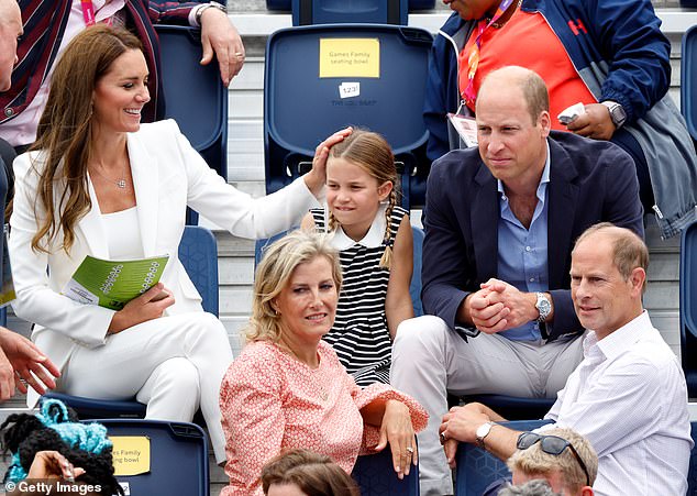 Princess Kate, Princess Charlotte, Prince William, Sophie, and Prince Edward watch the England v India Women's hockey match during the 2022 Commonwealth Games