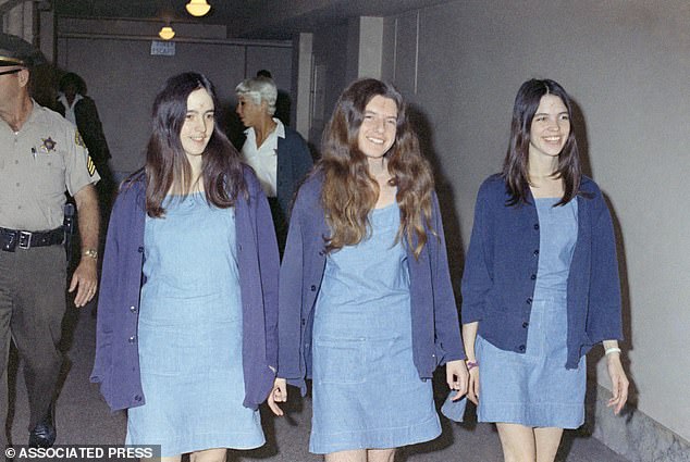 Charles Manson followers, from left: Susan Atkins, Patricia Krenwinkel and Leslie Van Houten, shown walking to court to appear for their roles in the 1969 cult killings of seven people, including the pregnant actress Sharon Tate, in Los Angeles on August 20, 1970