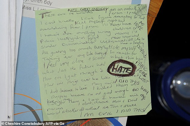 While searching Ms Letby's home, the police found the scraps of paper, containing the word HATE ringed in black, and the apparent confession: ‘I AM EVIL I DID THIS’
