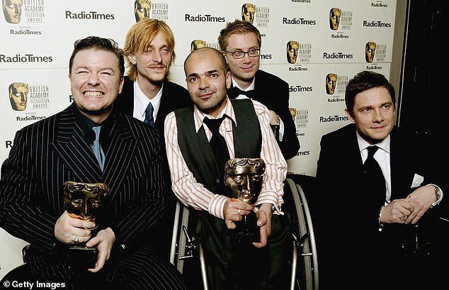 The producer, 53, who worked alongside the comedian on hit series The Office, 64, shared his regret explaining how he now questions if he was 'right to do that' (L-R Ricky, Mackenzie Crook, Ash, Stephen Merchant and Martin Freeman in 2004)
