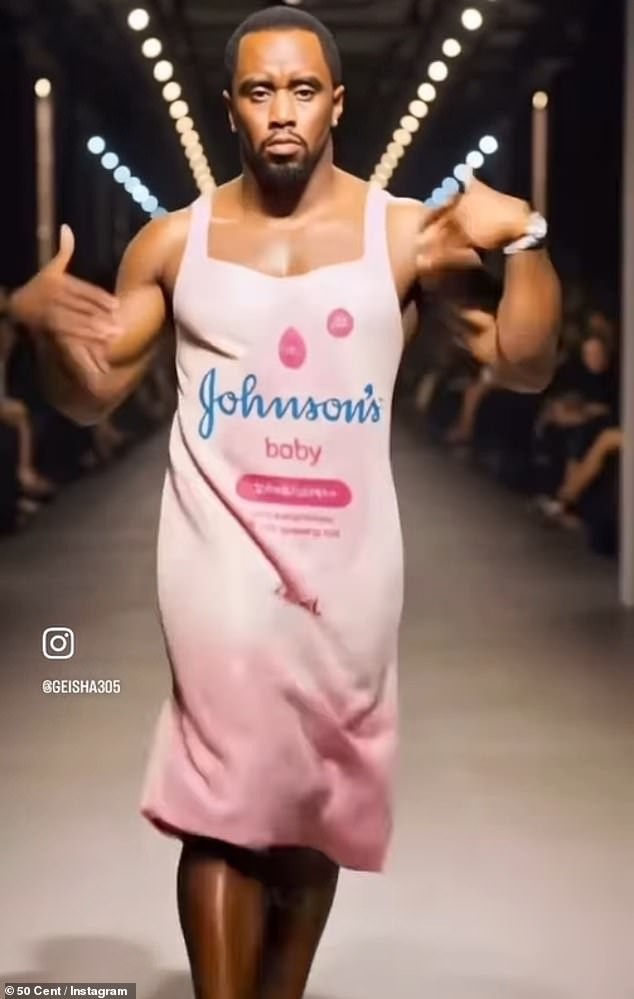 In the clip - which 50 credited to the Instagram account @Geisha305 - a glistening Diddy is seen walking a fashion show runway in a pink dress with a Johnson & Johnson baby oil logo