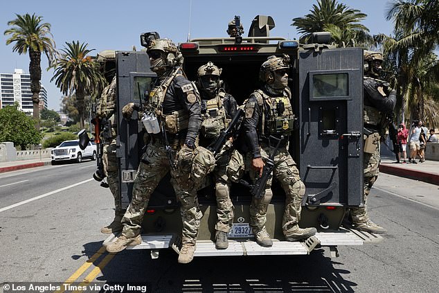 The military cavalcade advanced menacingly through the city’s MacArthur Park last week, in a so-called ‘immigration enforcement operation’ codenamed Operation Excalibur