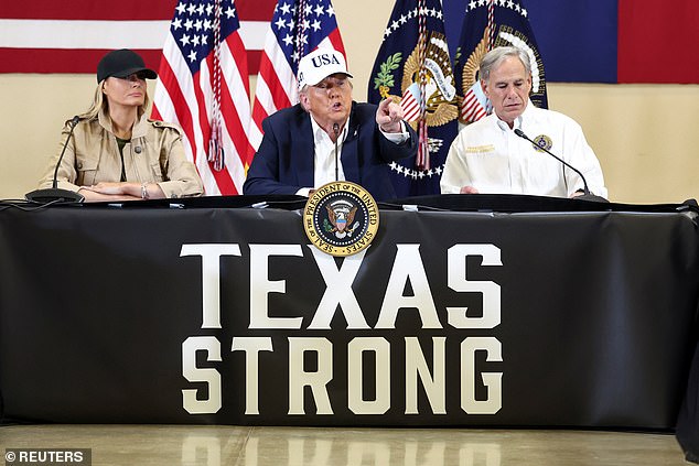 President Donald Trump, first lady Melania Trump and Texas Governor Greg Abbott participate in a roundtable with first responders and local officials, at Hill Country Youth Center, in Kerrville, Texas