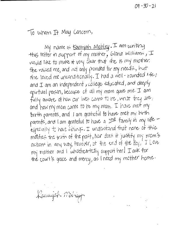Kamiyah wrote a letter to the court appealing for a reduction in her kidnapper's sentence