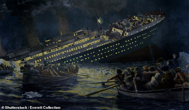 Sinking of the Titanic: Lifeboats row away from the still lighted ship on April 15, 1912, as depicted in this British newspaper sketch