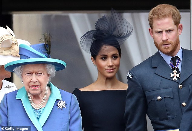 The Queen with Harry and Meghan in July 2018. According to Low, the statement from the Queen not only instantly became the stuff of legend but it also proved that she was still firmly in charge of the family