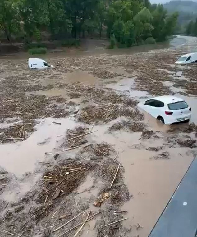 In one shocking video, cars are seen being swept away along the El Cardener river while other vehicles are completely submerged in thick mud and debris