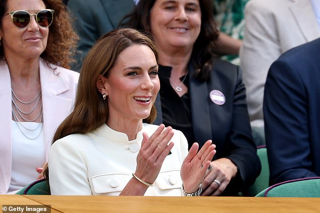 AELTC Patron, Princess Catherine applauds in the Royal Box as the match is set to head into full swing