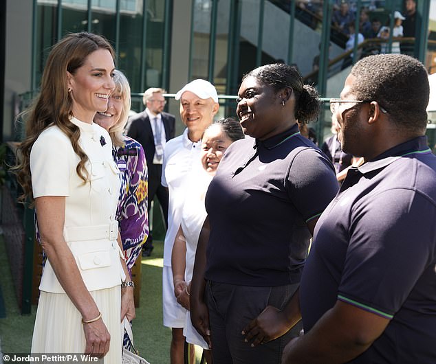 The Princess of Wales meeting Shaniah Williams and Jefferson Iweh as she arrives to attend the Ladies' Singles Final