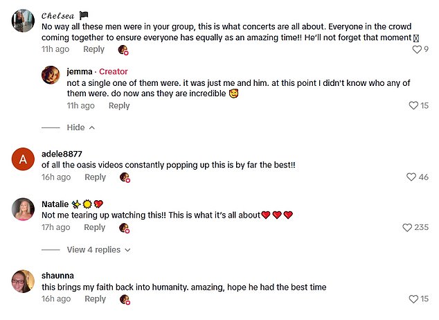 Oasis fans said seeing the clip had left them 'tearing up' while some even said it had 'restored their faith in humanity'