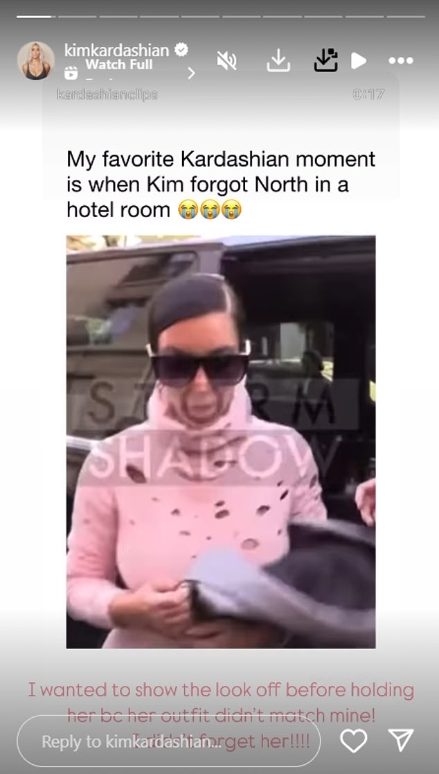 Re-sharing the viral clip, Kim hit back stating, 'I wanted to show the look off before holding her bc her outfit didn't match mine! I didn't forget her!'
