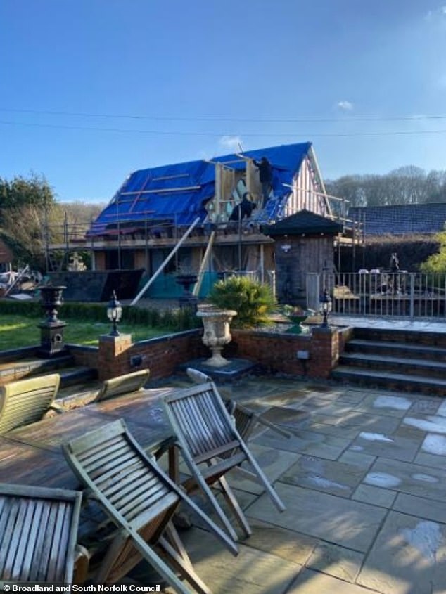 They created the 'self-contained annex' (pictured), which lies just 13m away from the house, for their son, daughter-in-law and child, to give them privacy