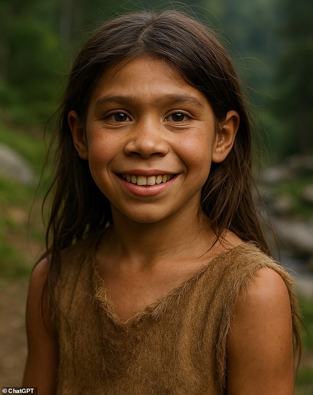 Scientists say that hybrids, such as a girl who lived in what is now Israel 140,000 years ago, would have had a combination of Neanderthal and Homo sapiens traits (AI Impression). To generate these images, ChatGPT was provided with analysis from experts and descriptions of hybrids from the latest research and asked to visualise the results