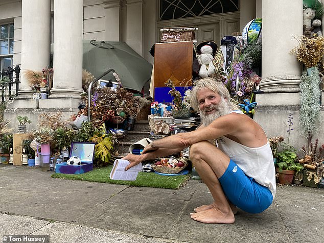 Fernstedt (pictured) lives in the portico of an abandoned and gutted 45-room £210 million 'private palace' spread over 60,000 square feet