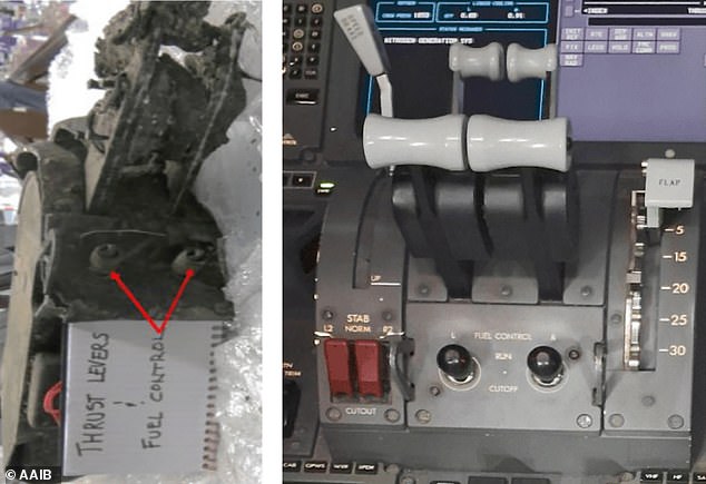 The Thrust Lever (left) was also found with significant thermal damage, and were found to remain forward until impact. Both fuel control switches were found in the 'RUN' position (right)