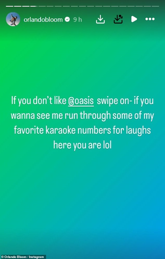 He wrote: 'If you don't like @oasis swipe on - if you wanna see me run through some of my favourtie karaoke numbers for laughs here you are lol'