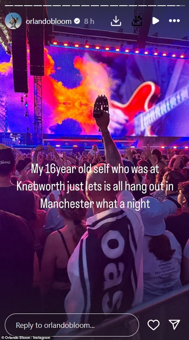 In another snap following the concert, the Pirates of the Caribbean added: 'My 16 year old self who was at Knebworth just let it all hang out in Manchester what a night'