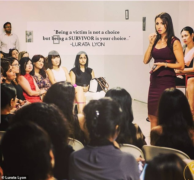 Lurata speaking at events, saying 'Being a victim is not a choice but being a survivor is your choice...'